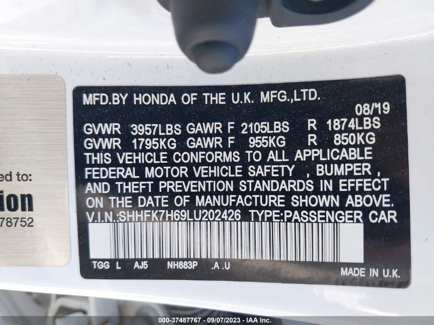 2020 HONDA CIVIC HATCHBACK EX - SHHFK7H69LU202426