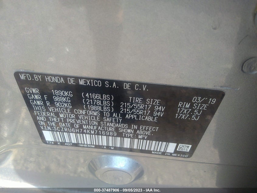 VIN 3CZRU6H74KM716989 2019 HONDA HR-V EX-L