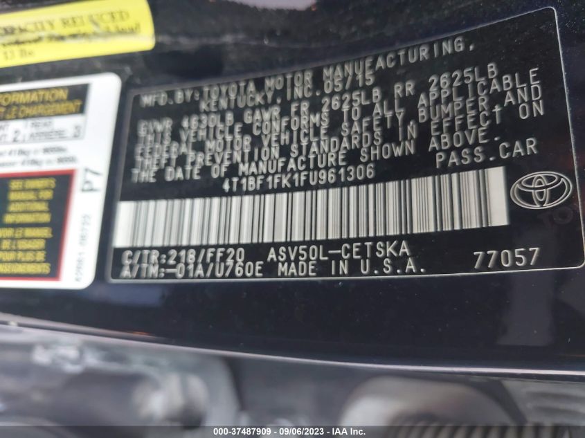 2015 TOYOTA CAMRY XLE/SE/LE/XSE - 4T1BF1FK1FU961306
