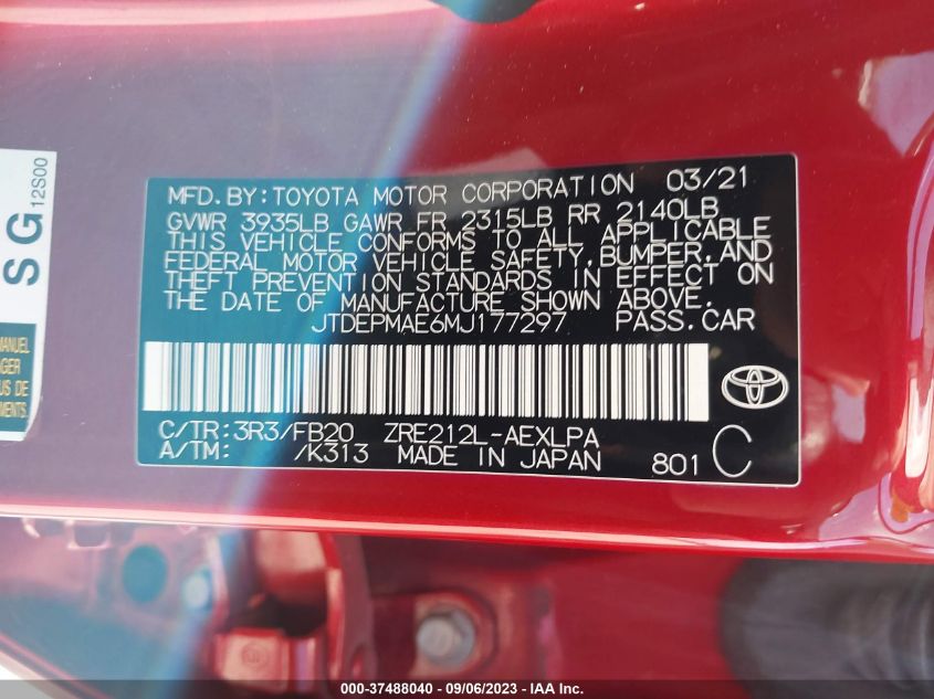 VIN JTDEPMAE6MJ177297 2021 TOYOTA COROLLA LE