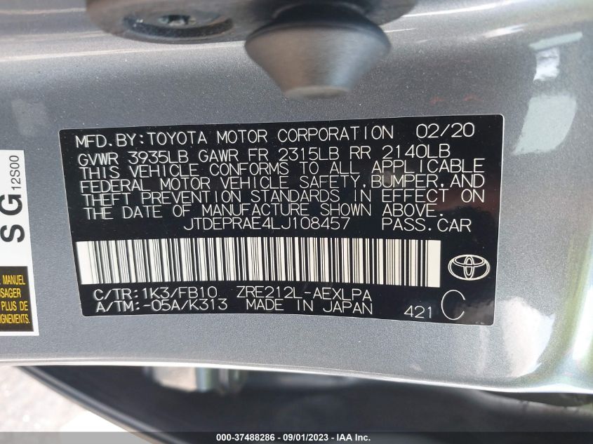 2020 TOYOTA COROLLA LE - JTDEPRAE4LJ108457