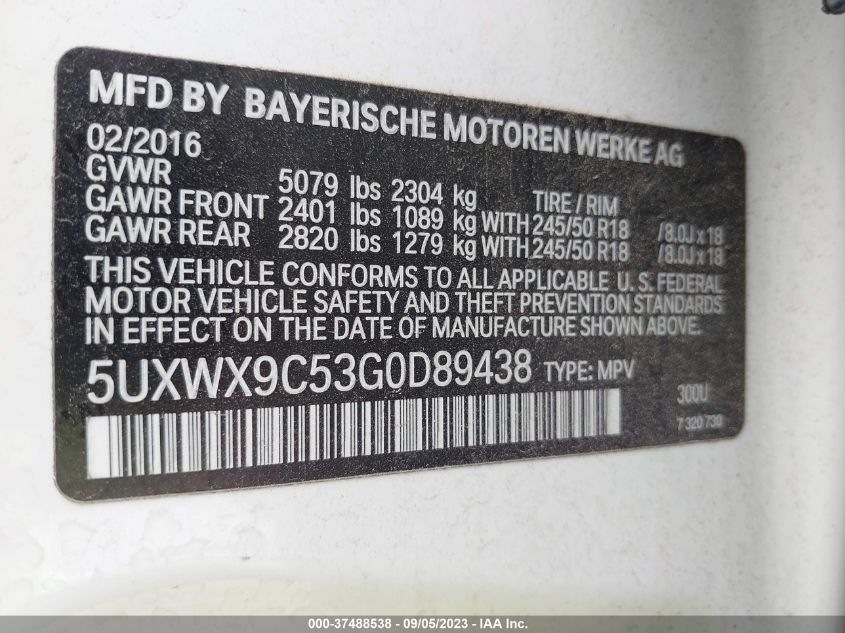 2016 BMW X3 XDRIVE28I - 5UXWX9C53G0D89438