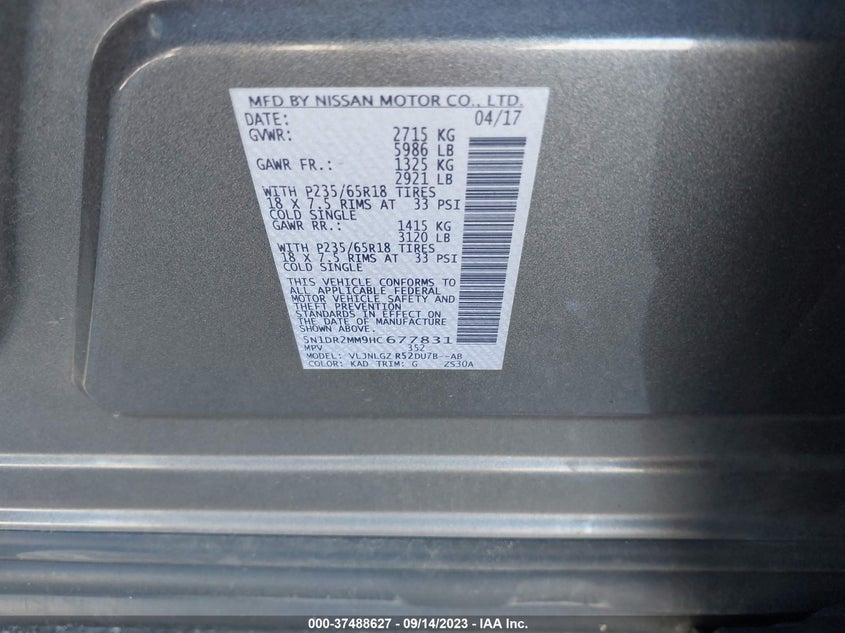 VIN 5N1DR2MM9HC677831 2017 NISSAN PATHFINDER S/SV/SL/PLATINUM