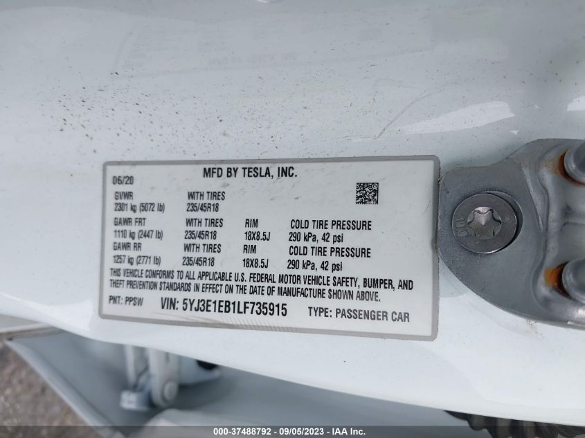 2020 TESLA MODEL 3 LONG RANGE - 5YJ3E1EB1LF735915