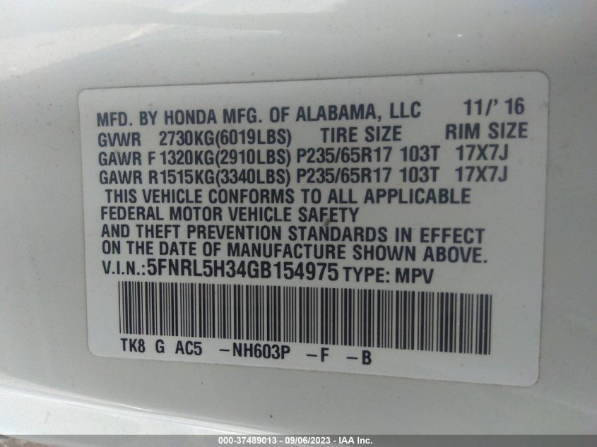 2016 HONDA ODYSSEY SE - 5FNRL5H34GB154975