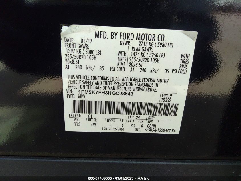 2017 FORD EXPLORER LIMITED - 1FM5K7FH8HGC08843