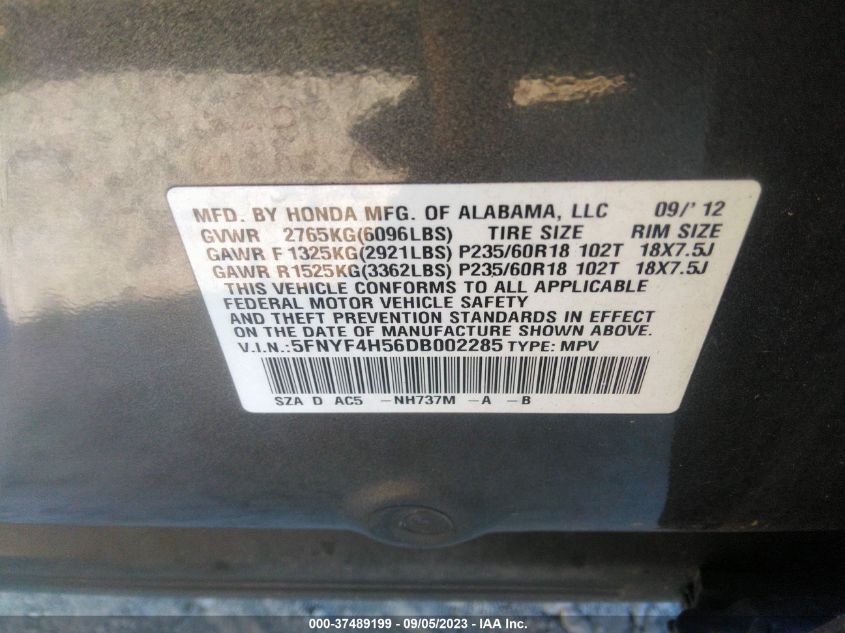 2013 HONDA PILOT EX-L - 5FNYF4H56DB002285