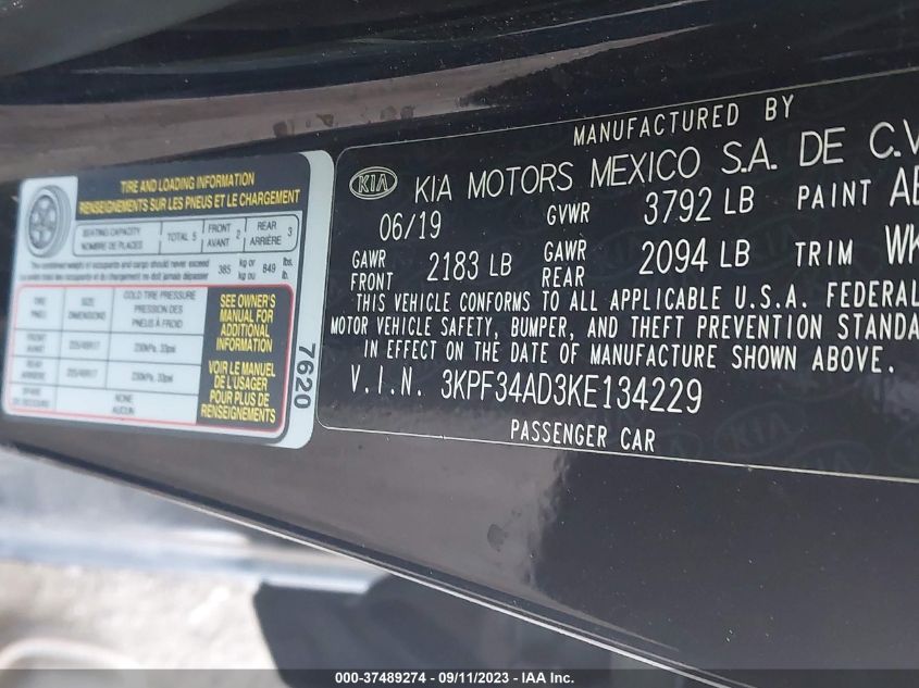 2019 KIA FORTE S - 3KPF34AD3KE134229