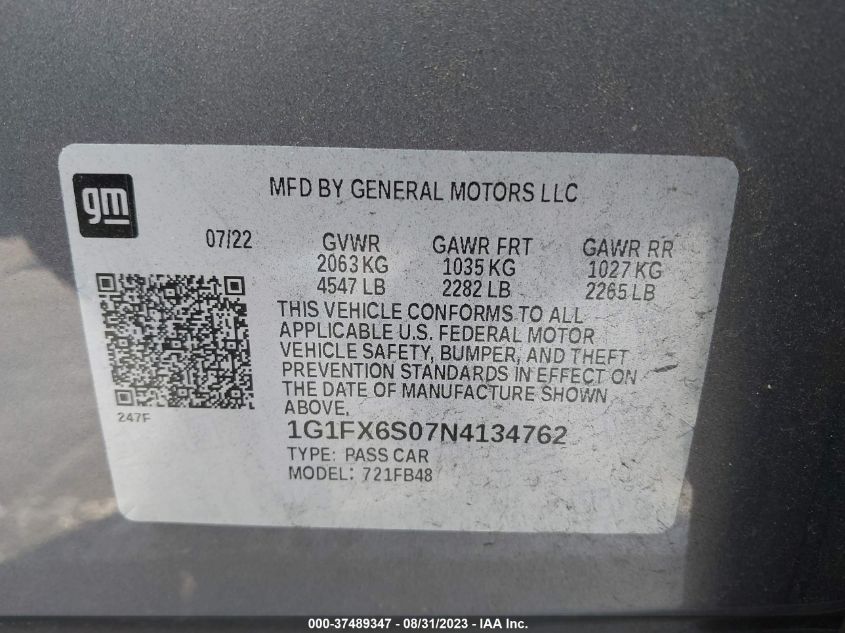 2022 CHEVROLET BOLT EV 2LT - 1G1FX6S07N4134762