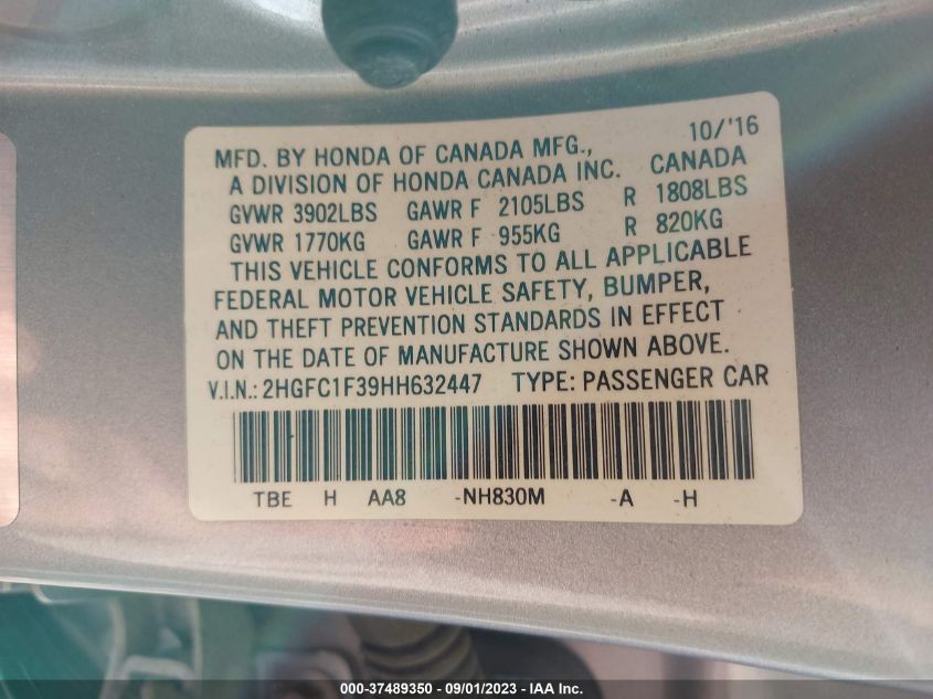 2017 HONDA CIVIC SEDAN EX-T - 2HGFC1F39HH632447
