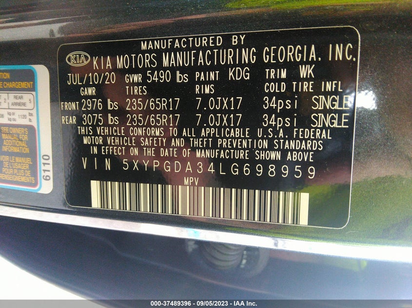 VIN 5XYPGDA34LG698959 2020 KIA SORENTO LX