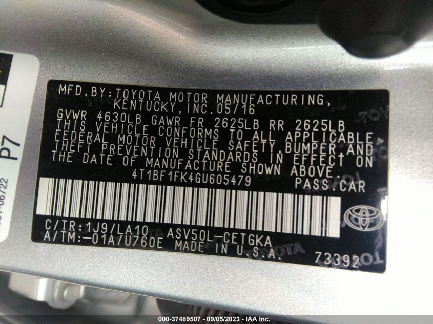 2016 TOYOTA CAMRY XLE/SE/LE/XSE - 4T1BF1FK4GU605479