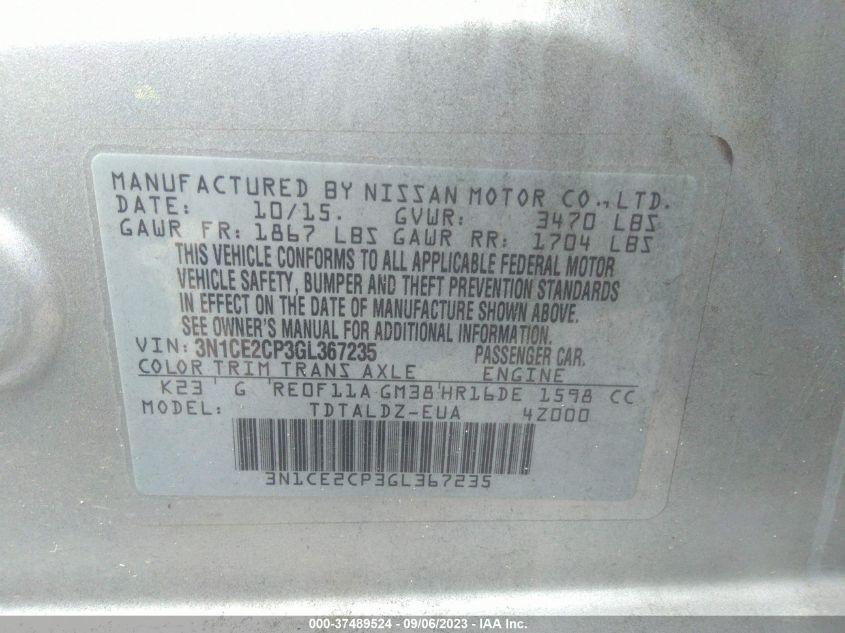 2016 NISSAN VERSA NOTE S/S PLUS/SV/SR/SL - 3N1CE2CP3GL367235