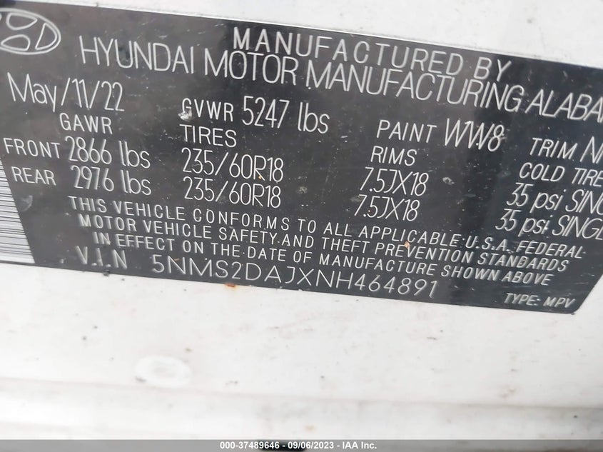 VIN 5NMS2DAJXNH464891 2022 HYUNDAI SANTA FE SEL