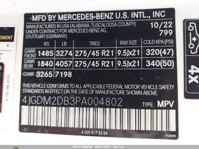 2023 MERCEDES-BENZ EQS 450 SUV 4JGDM2DB3PA004802