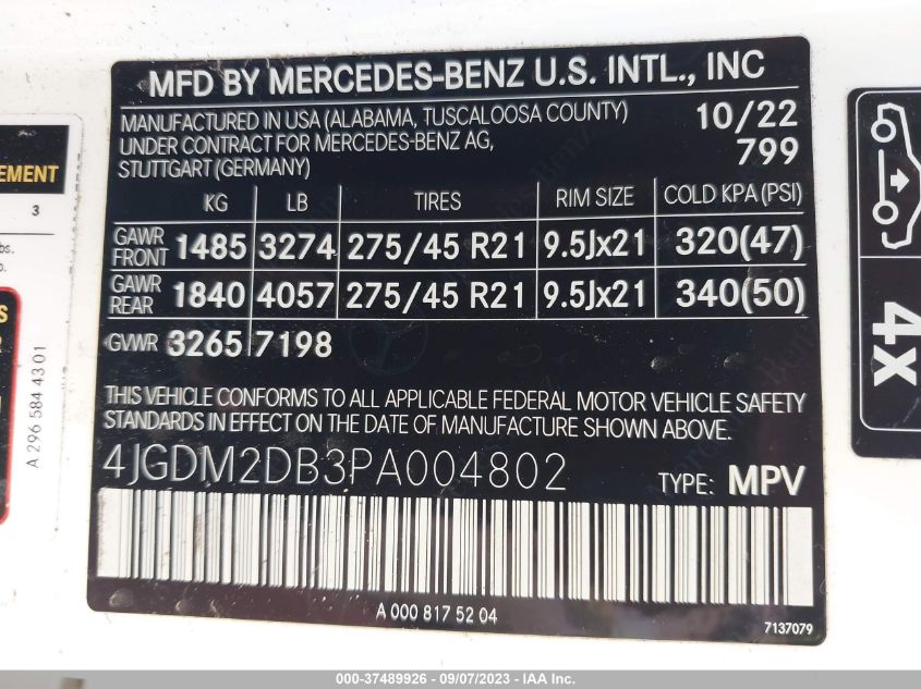 4JGDM2DB3PA004802 Mercedes-Benz EQS EQS 450+ 9