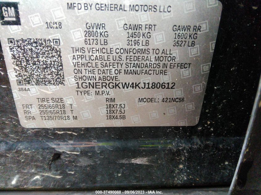 2019 CHEVROLET TRAVERSE LT CLOTH - 1GNERGKW4KJ180612
