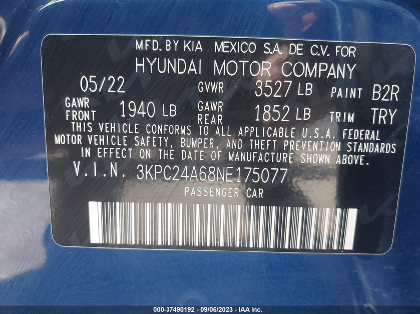 VIN 3KPC24A68NE175077 2022 HYUNDAI ACCENT SE