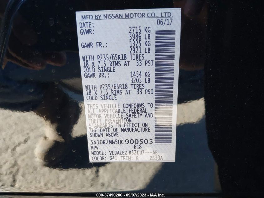 2017 NISSAN PATHFINDER S/SV/SL/PLATINUM - 5N1DR2MN5HC900505
