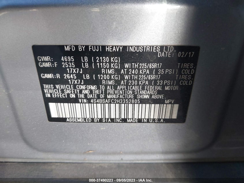 VIN 4S4BSAFC2H3352805 2017 SUBARU OUTBACK PREMIUM