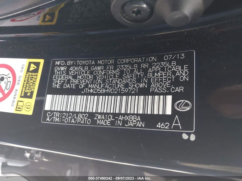 2013 LEXUS CT 200H HYBRID - JTHKD5BH9D2159721