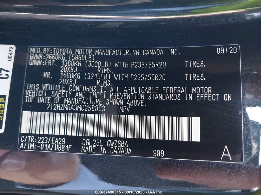 VIN 2T2HZMDA3MC258863 2021 LEXUS RX RX 350