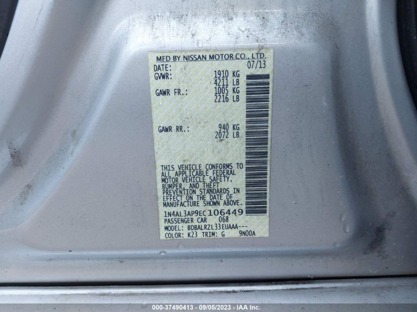 2014 NISSAN ALTIMA 2.5 S - 1N4AL3AP9EC106449