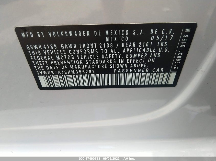 VIN 3VWDB7AJ8HM396292 2017 VOLKSWAGEN JETTA 1.4T SE