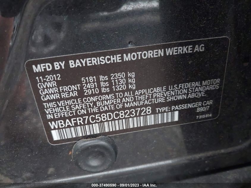 2013 BMW 5 SERIES 535I - WBAFR7C58DC823728