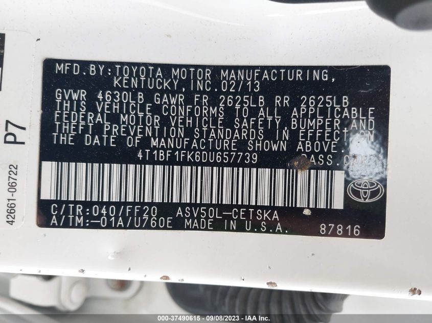 2013 TOYOTA CAMRY L/LE/SE/XLE - 4T1BF1FK6DU657739
