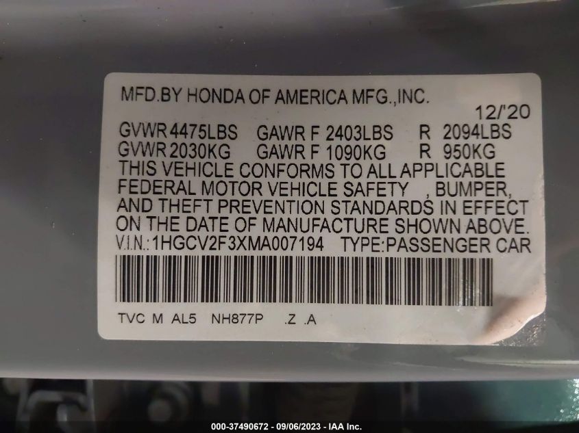 2021 HONDA ACCORD SPORT 2.0T - 1HGCV2F3XMA007194
