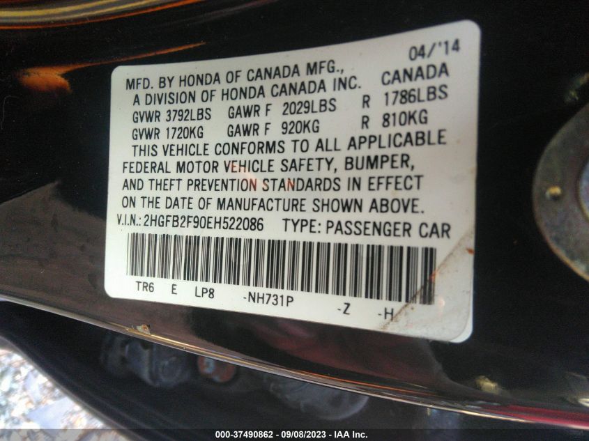 2014 HONDA CIVIC SEDAN EX-L - 2HGFB2F90EM522086