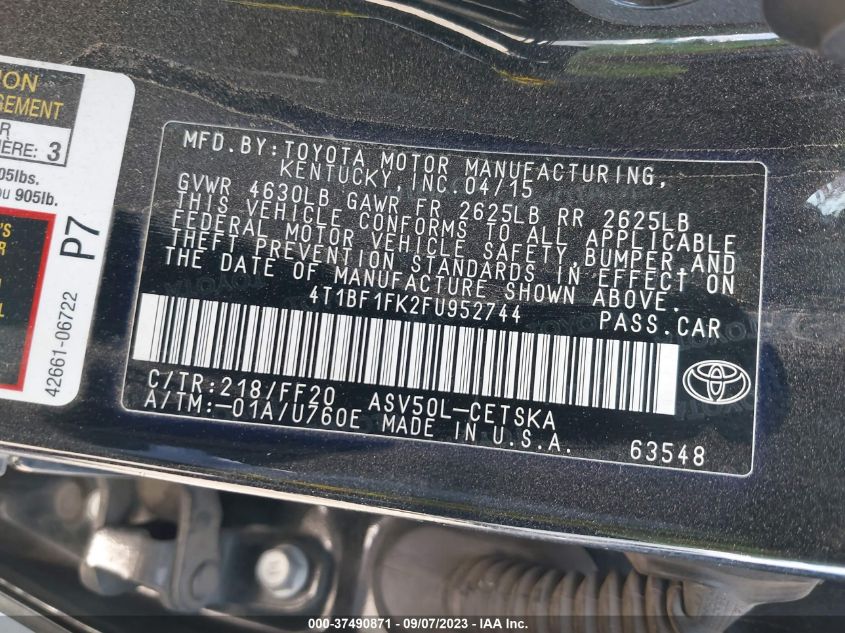 2015 TOYOTA CAMRY XLE/SE/LE/XSE - 4T1BF1FK2FU952744