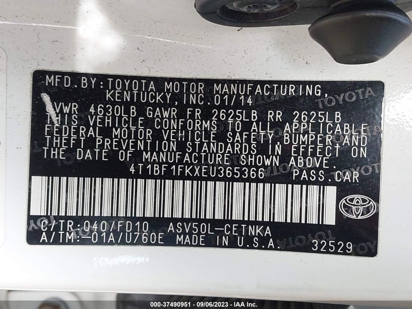 2014 TOYOTA CAMRY L/LE/XLE/SE/SE SPORT - 4T1BF1FKXEU365366