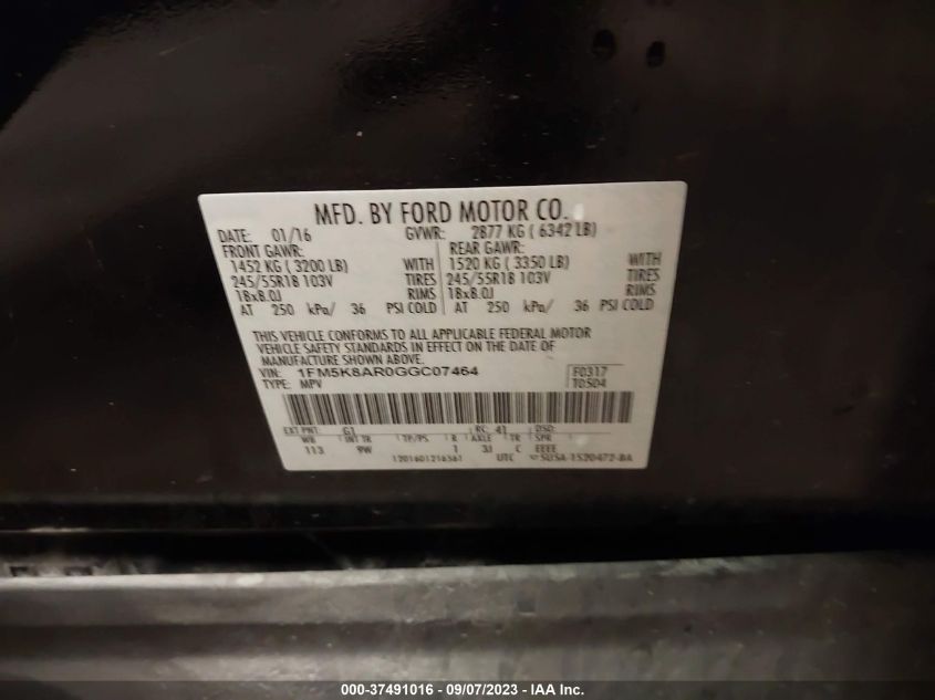 2016 FORD UTILITY POLICE 1FM5K8AR0GGC07464