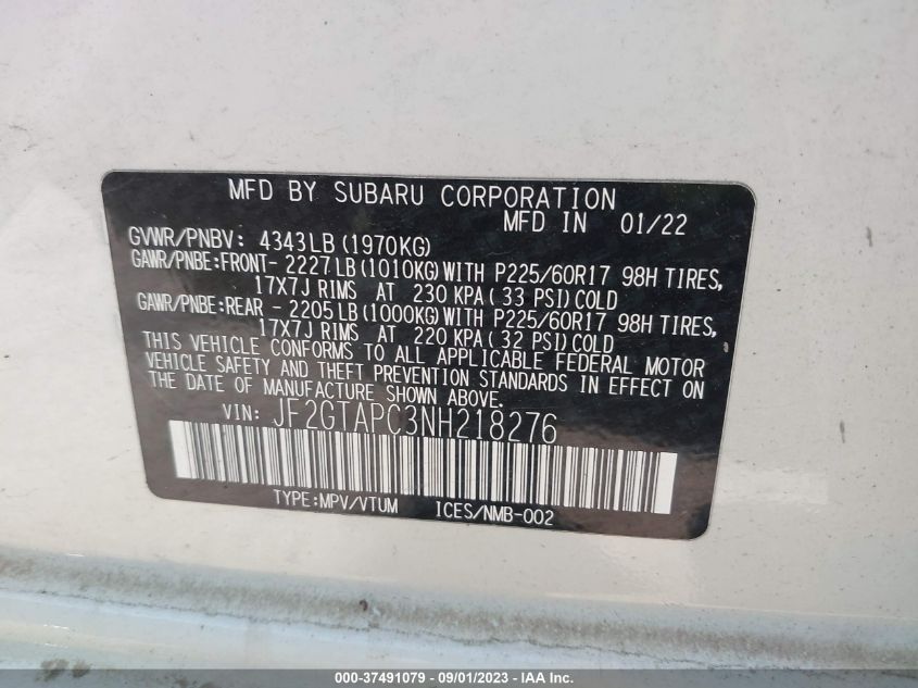 2022 SUBARU CROSSTREK PREMIUM - JF2GTAPC3NH218276