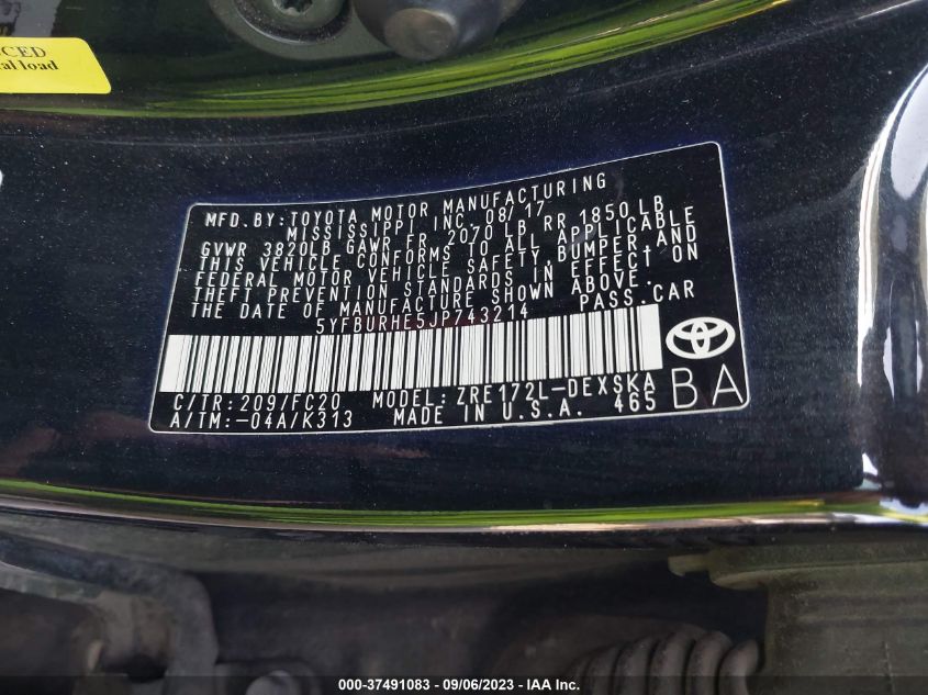 2018 TOYOTA COROLLA L/LE/XLE/SE/XSE - 5YFBURHE5JP743214