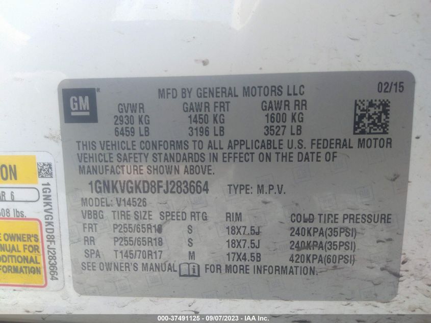 2015 CHEVROLET TRAVERSE LT - 1GNKVGKD8FJ283664