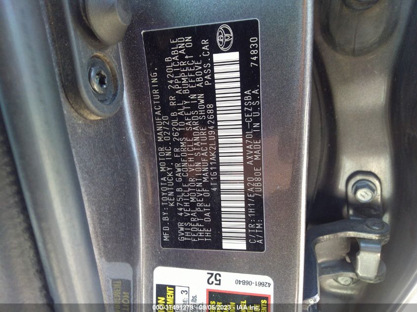 2020 TOYOTA CAMRY SE - 4T1G11AK2LU942688