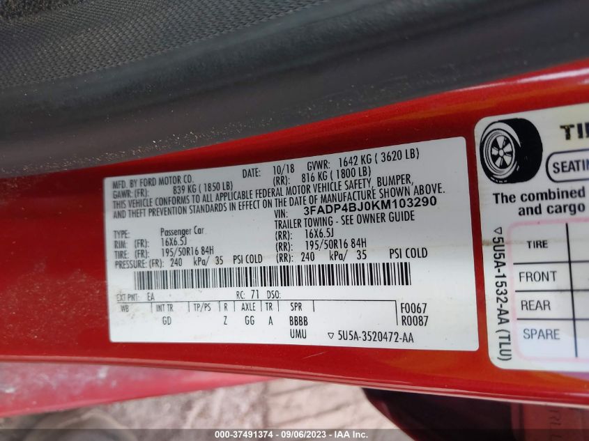 2019 FORD FIESTA SE - 3FADP4BJ0KM103290