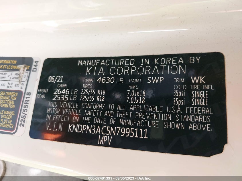 VIN KNDPN3AC5N7995111 2022 KIA SPORTAGE EX