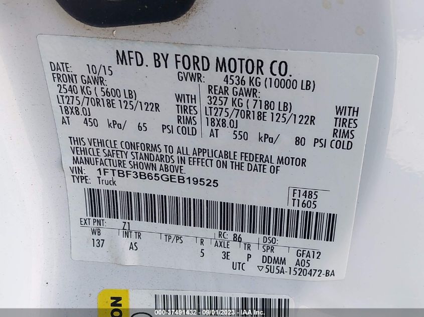 2016 FORD SUPER DUTY F-350 SRW XL/XLT 1FTBF3B65GEB19525