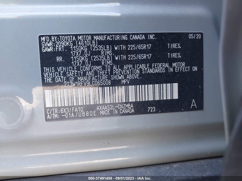VIN 2T3W1RFV9LC065008 2020 TOYOTA RAV4 XLE/XLE PREMIUM