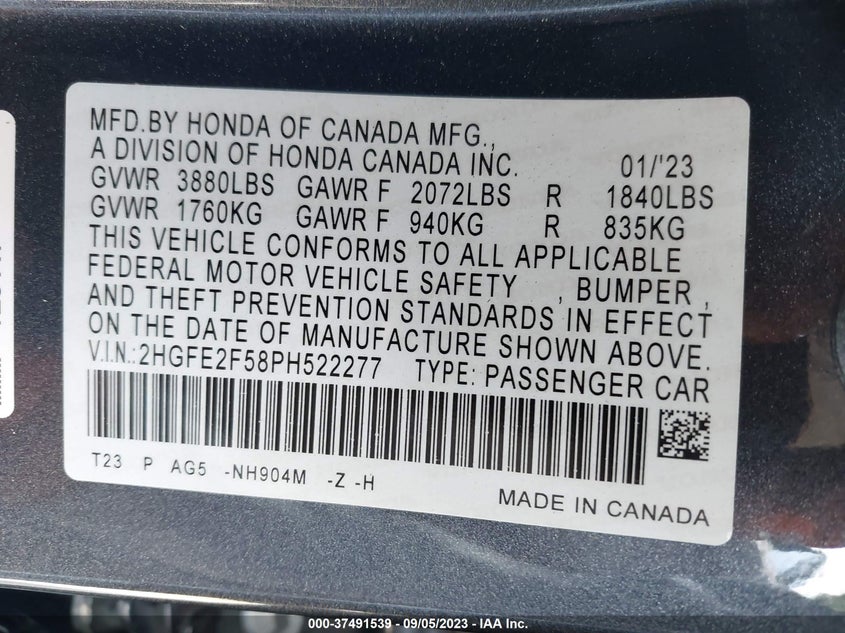 VIN 2HGFE2F58PH522277 2023 HONDA CIVIC SEDAN SPORT