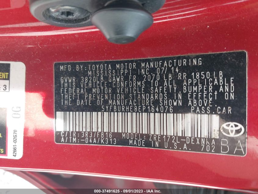 2014 TOYOTA COROLLA L/LE/S/S PLUS/LE PLUS - 5YFBURHE8EP164076