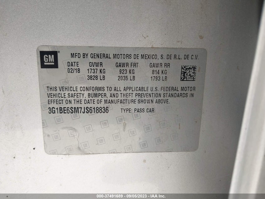 VIN 3G1BE6SM7JS618836 2018 CHEVROLET CRUZE LT
