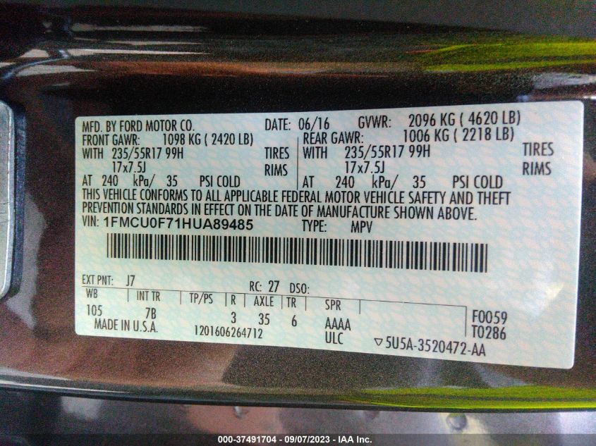 2017 FORD ESCAPE S - 1FMCU0F71HUA89485
