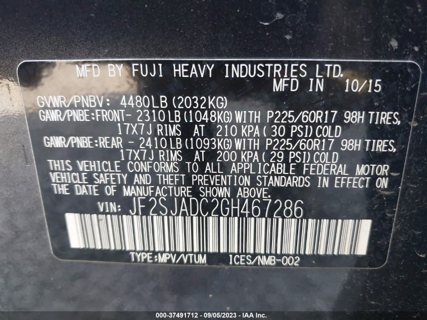 2016 SUBARU FORESTER 2.5I PREMIUM - JF2SJADC2GH467286