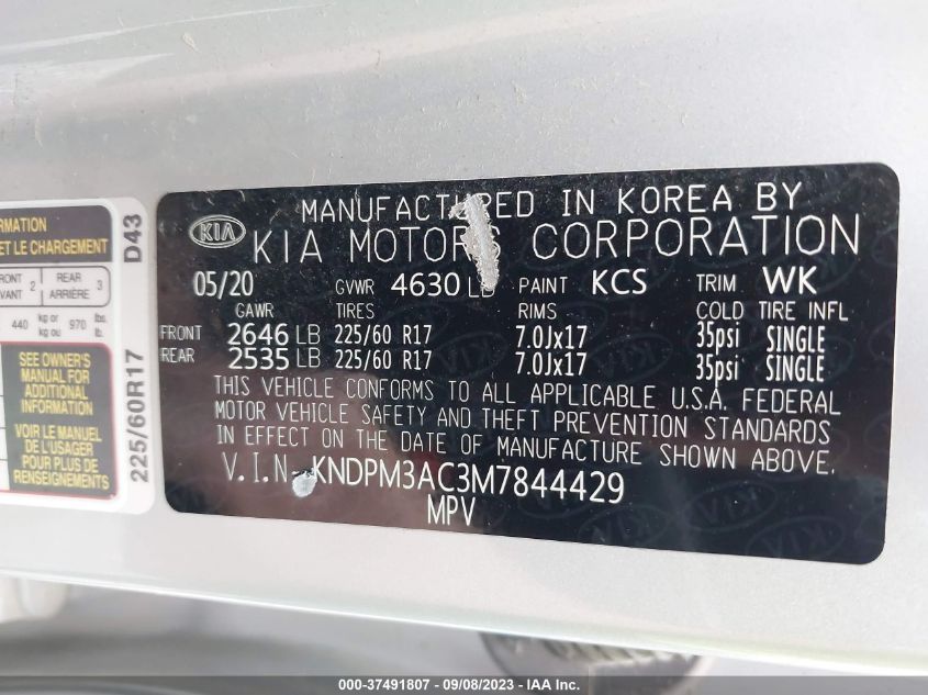 VIN KNDPM3AC3M7844429 2021 KIA SPORTAGE LX