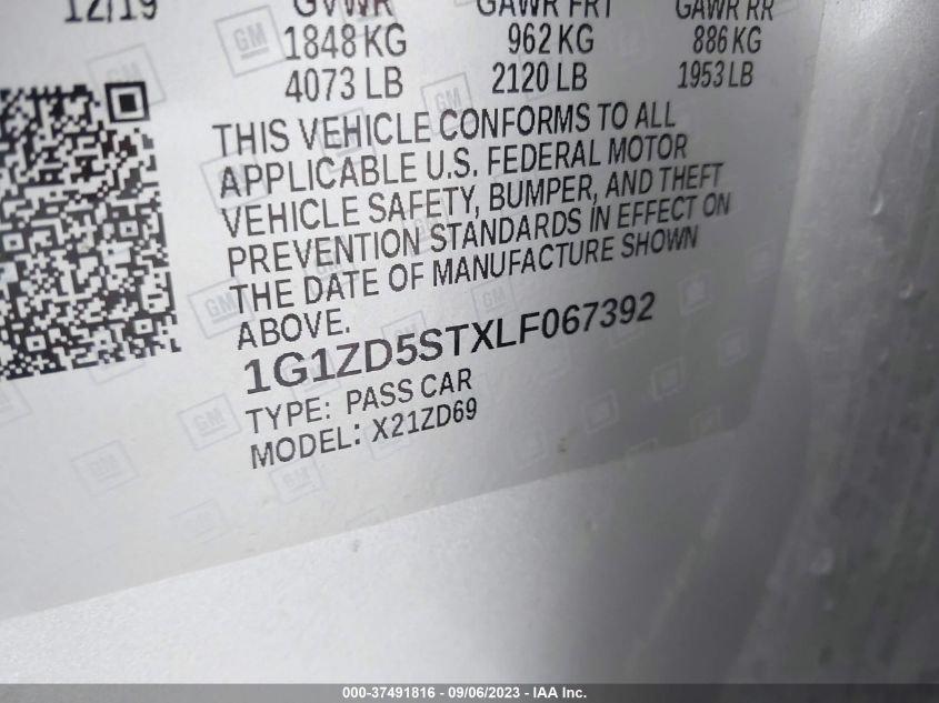 2020 CHEVROLET MALIBU LT - 1G1ZD5STXLF067392